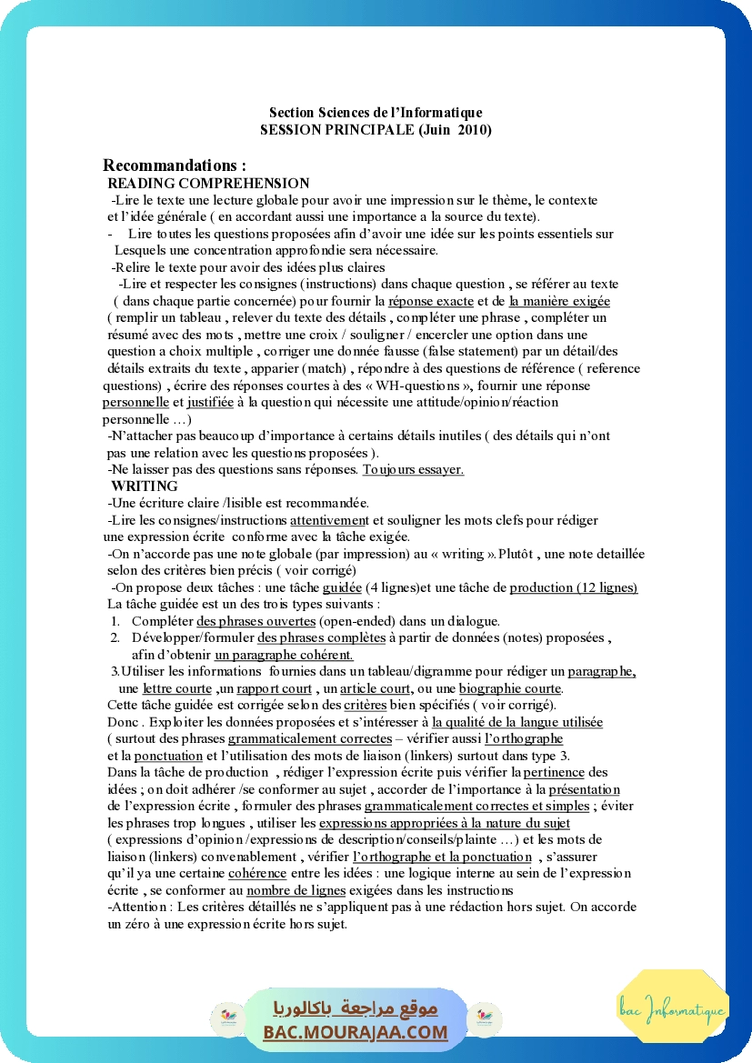 Corrigé principale anglais Bac 2010 – Section info